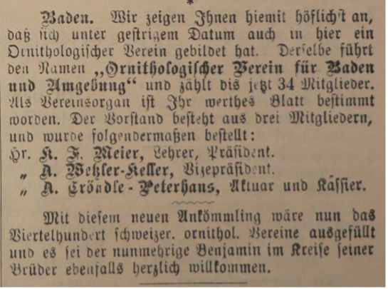 Gründungsanzeige in den Schweizerischen Blätter für Ornithologie 15. März 1884.